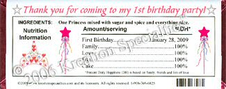 Princess First Birthday Candy Wrapper  -Back